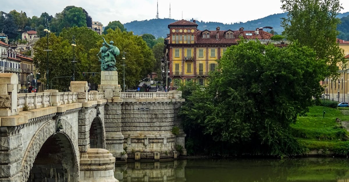 Fotografija kamenog mosta s ukrašenim kipovima koji prelaze mirnu rijeku, okružen drvećem i povijesnim, šarenim zgradama. U pozadini su vidljiva zelena brda i oblačno nebo, stvarajući spokojni europski gradski pejzaž.